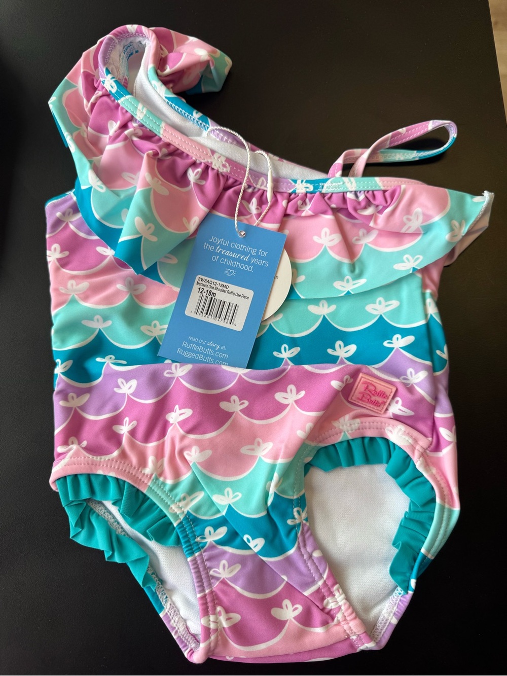 Ruffle Butts Girls Pink & Aqua Scallop One-Piece Swimsuit Size 12-18 Months